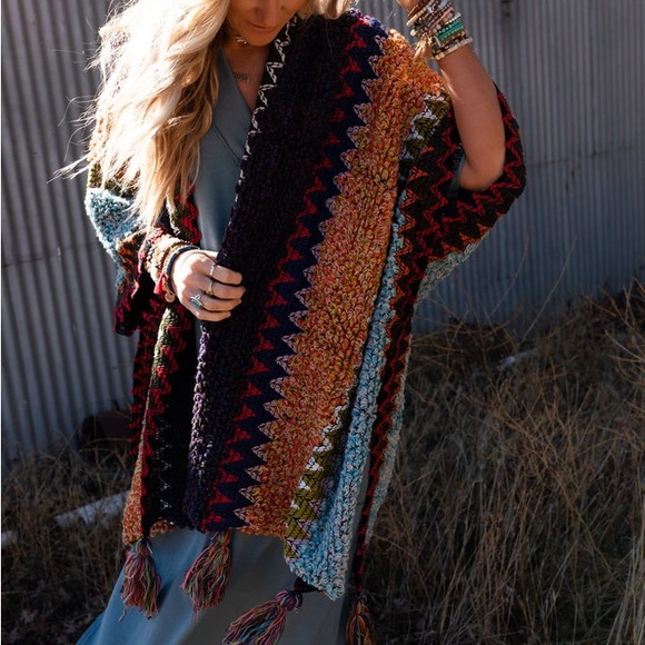 Colorful Crochet Patterned Ruana in Indigo - Picture 4 of 14